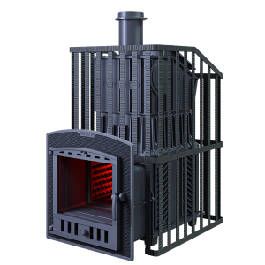 Печь-каменка чугунная ГРОМ УРАГАН 50П2 в СЕТКЕ  дверца ПАНОРАМА (50 м.куб)