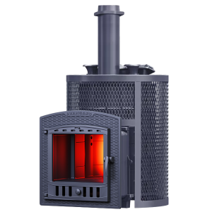 Печь-каменка чугунная АВАНГАРД ЗК УРАГАН 35П2 в сетке КРУГЛАЯ  дверца ПАНОРАМА  (35 м.куб)