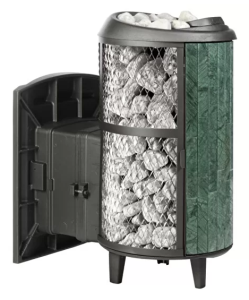 Печь-каменка чугунная АТМОСФЕРА L дверца со стеклом  в сетке-ламель ВЕРДЕ ГВАТЕМАЛА набор(22 м.куб)