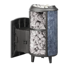 Печь-каменка чугунная АТМОСФЕРА L дверца со стеклом в сетке-ламель ТАЛЬКОХЛОРИТ набор (12-20 м.куб)